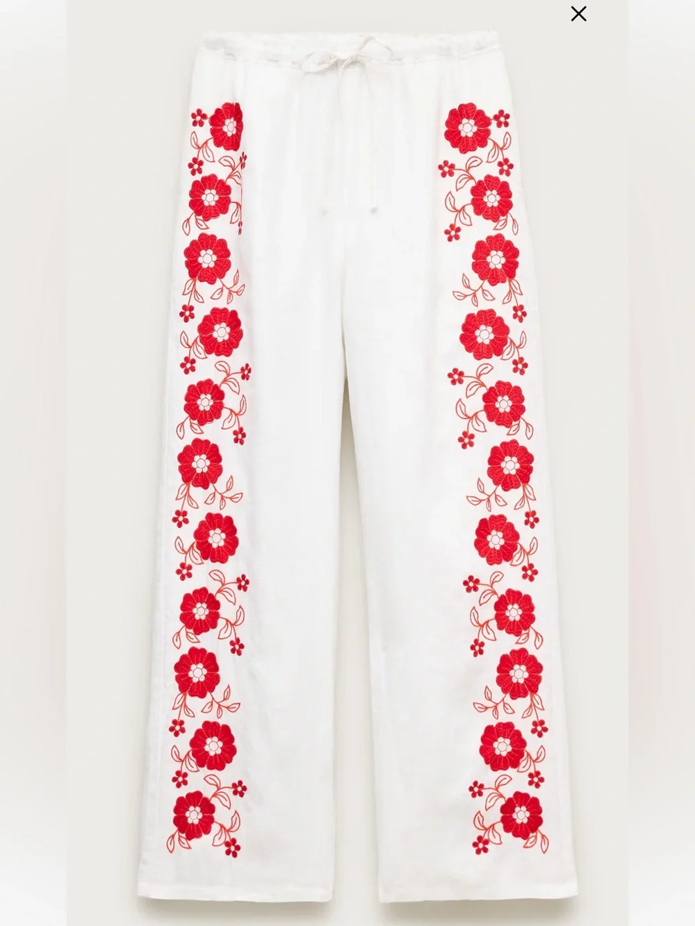 J. Crew NWT Soleil White Wide-Leg Linen Pants with Red Floral Embroidery XXS